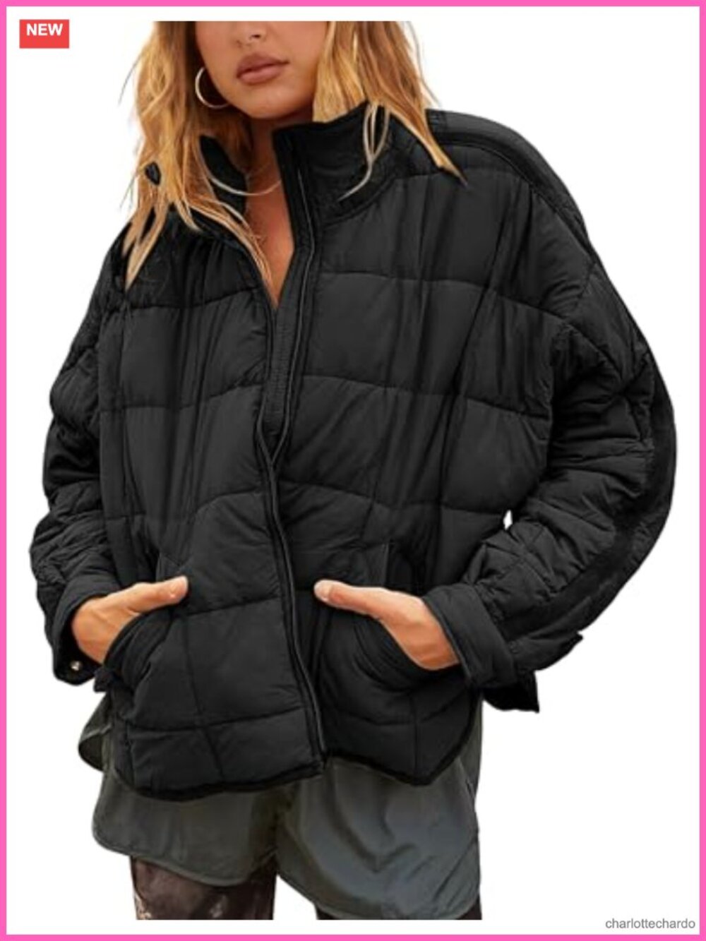 Oversized Quilted Lightweight Puffer Jacket Button Cuffs Stand Collar